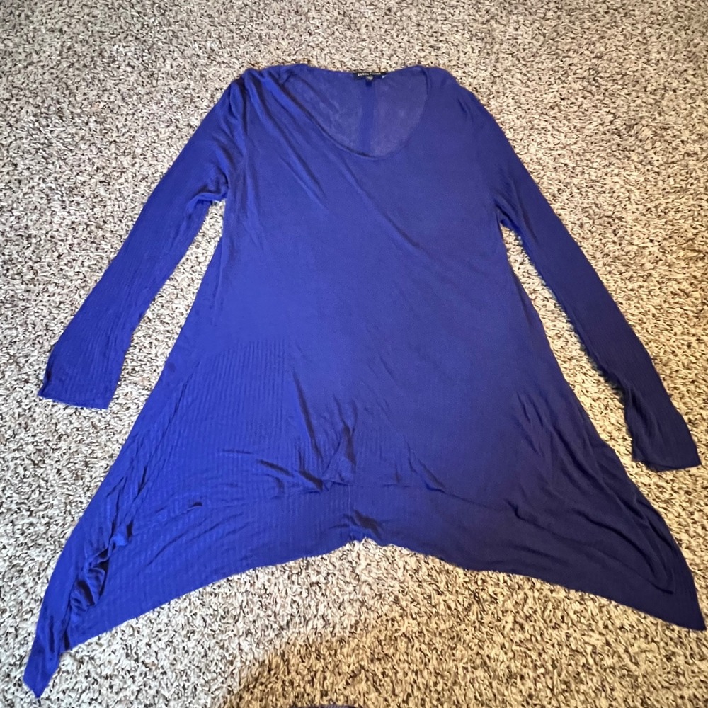 Eileen Fisher Royal Blue Viscose Linen V-Neck Sharkbite Hem Tunic Top Medium‎